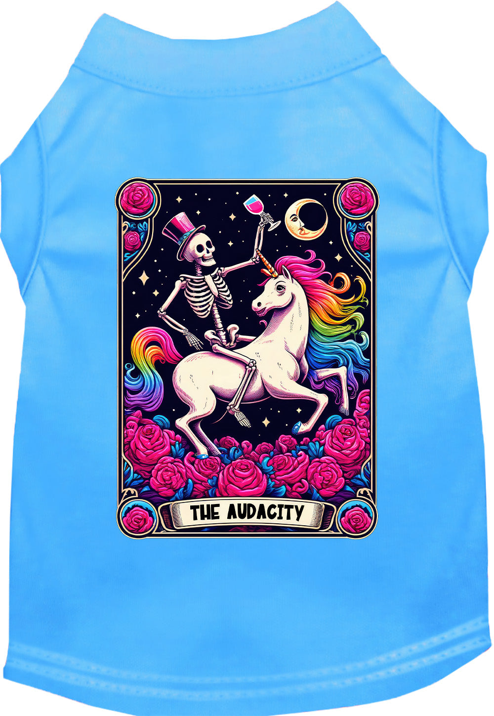 Bright blue pet shirt with skeleton and unicorn design