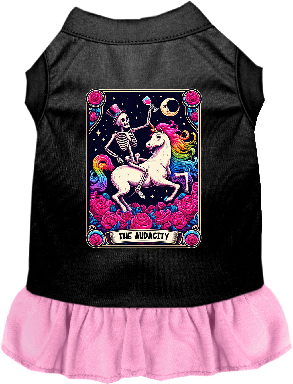 Black pet dress with light pink skirt, skeleton unicorn design