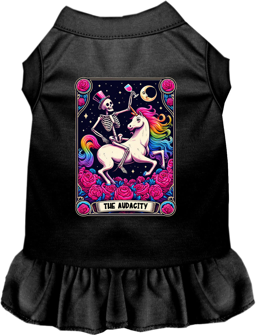 Black pet dress with skeleton unicorn design