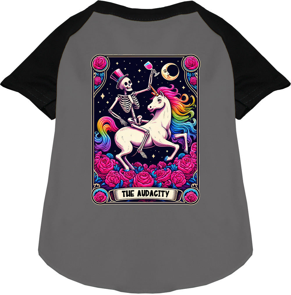 Black-sleeved pet raglan shirt with skeleton and unicorn design
