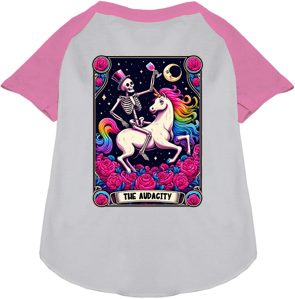 Light pink-sleeved pet raglan shirt with skeleton and unicorn design