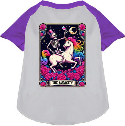 Purple-sleeved pet raglan shirt with skeleton and unicorn design