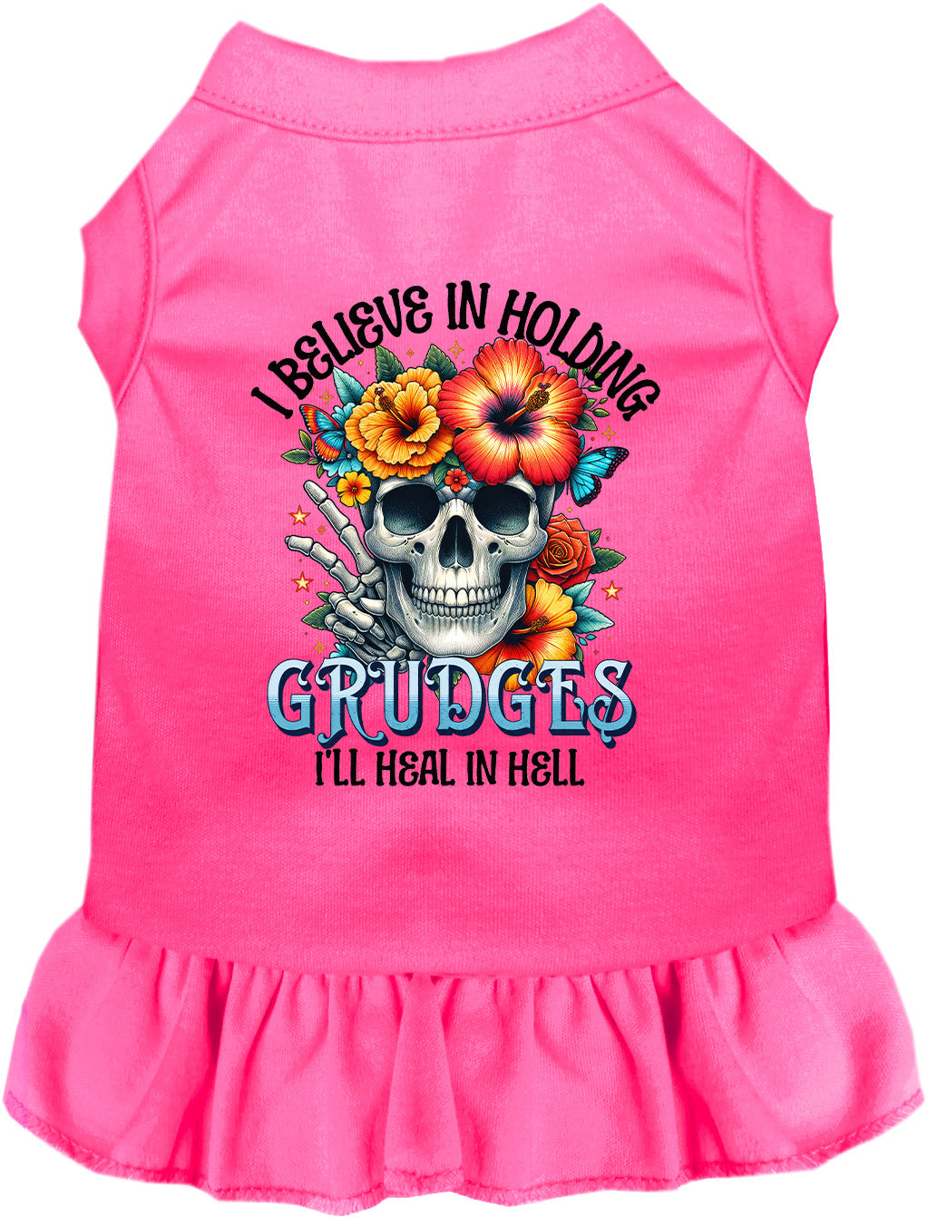 Pink Grudges pet dress with skull and flowers design