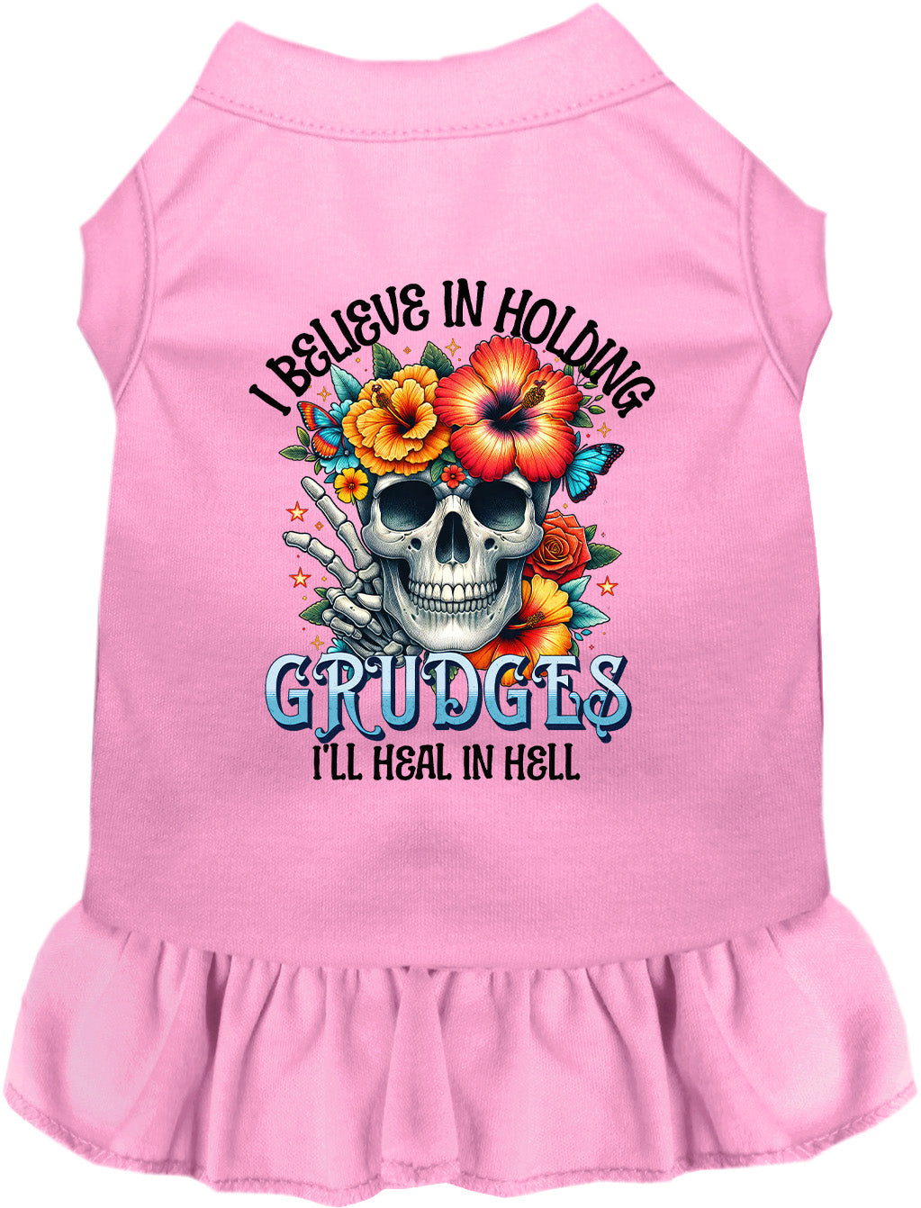 Light pink Grudges pet dress with skull and flowers design