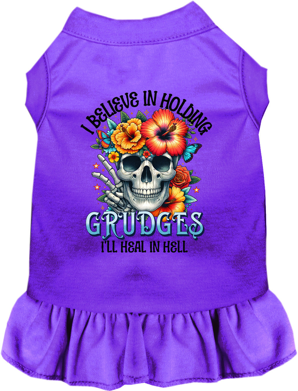 Purple Grudges pet dress with skull and flowers design