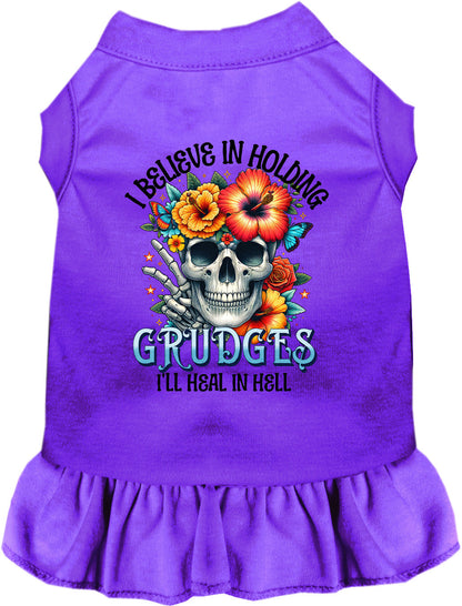 Purple Grudges pet dress with skull and flowers design
