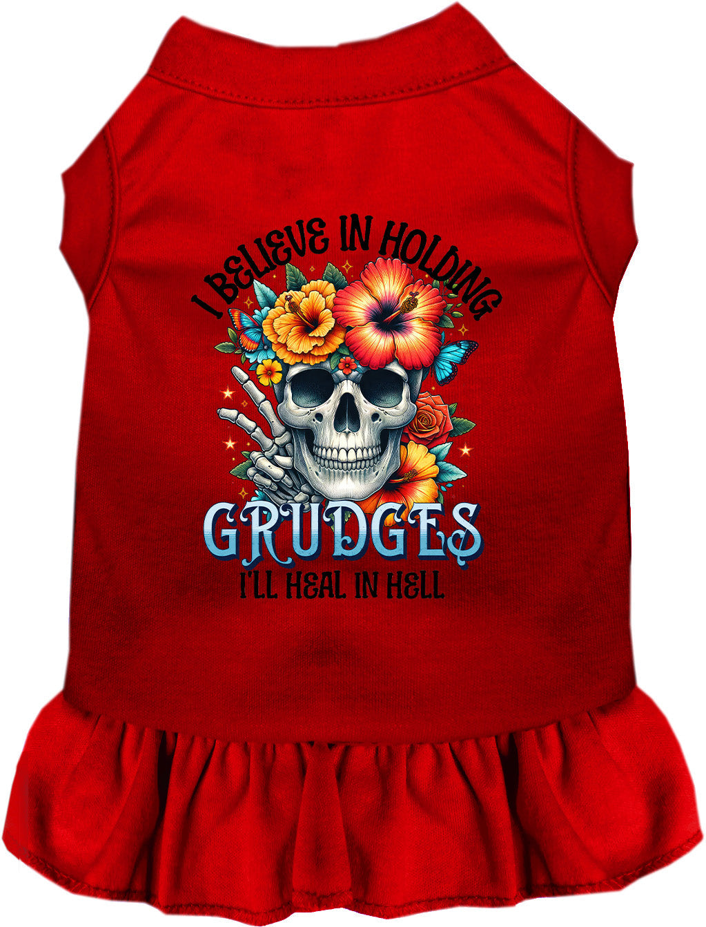 Red Grudges pet dress with skull and flowers design