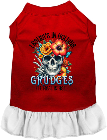 Red and white Grudges pet dress with skull and flowers design