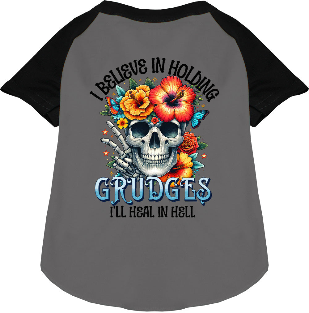Grudges Pet Raglan Shirt with skull and flowers design