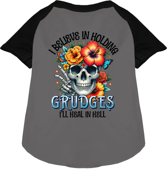 Grudges Pet Raglan Shirt with skull and flowers design