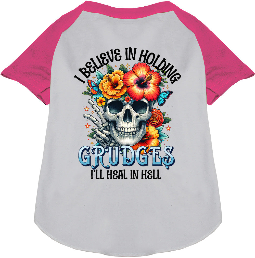 Pink sleeve Grudges Pet Raglan Shirt with skull design