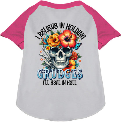 Pink sleeve Grudges Pet Raglan Shirt with skull design