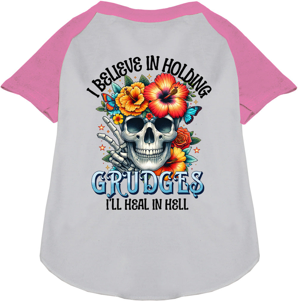 Light pink sleeve Grudges Pet Raglan Shirt with skull design