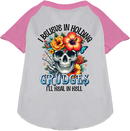 Light pink sleeve Grudges Pet Raglan Shirt with skull design