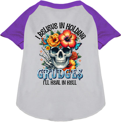 Purple sleeve Grudges Pet Raglan Shirt with skull design