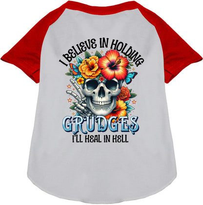 Red sleeve Grudges Pet Raglan Shirt with skull design