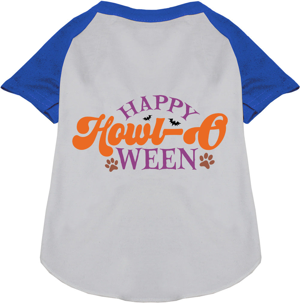 Blue and white Happy Howl-Oween pet raglan shirt