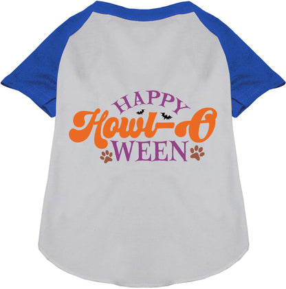 Blue and white Happy Howl-Oween pet raglan shirt