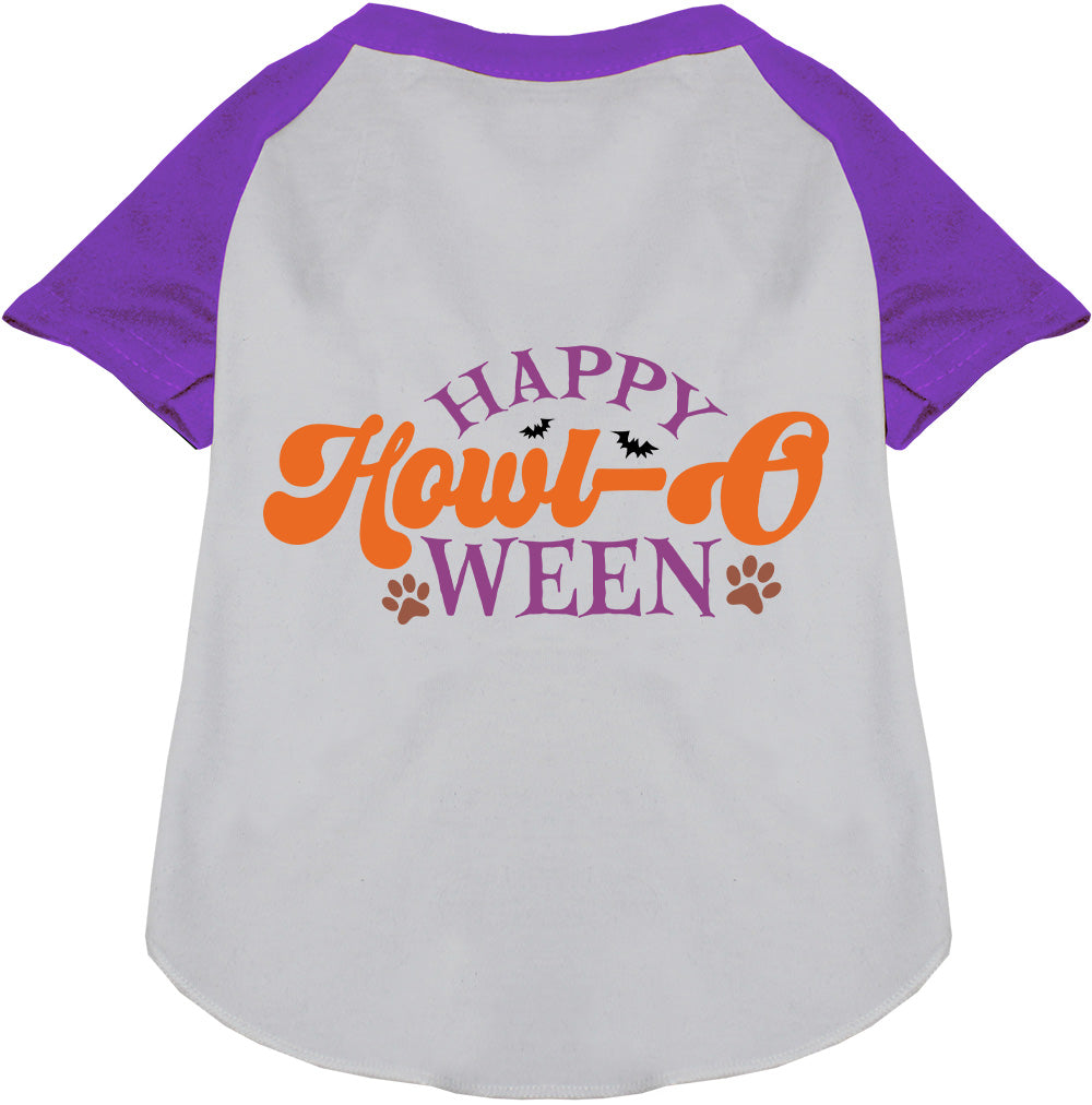 Purple and white Happy Howl-Oween pet raglan shirt