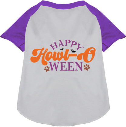 Purple and white Happy Howl-Oween pet raglan shirt