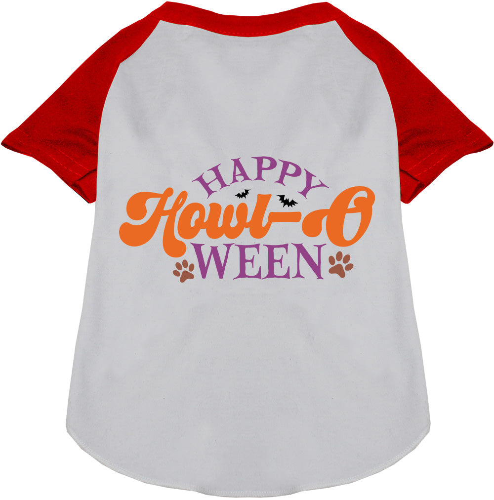 Red and white Happy Howl-Oween pet raglan shirt