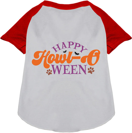 Red and white Happy Howl-Oween pet raglan shirt