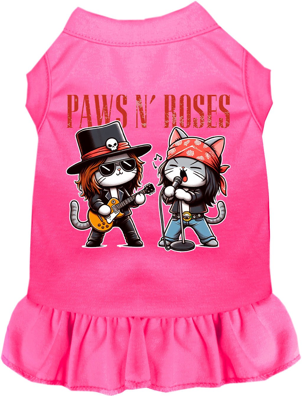 Bright pink Paws N' Roses pet dress with rock band design