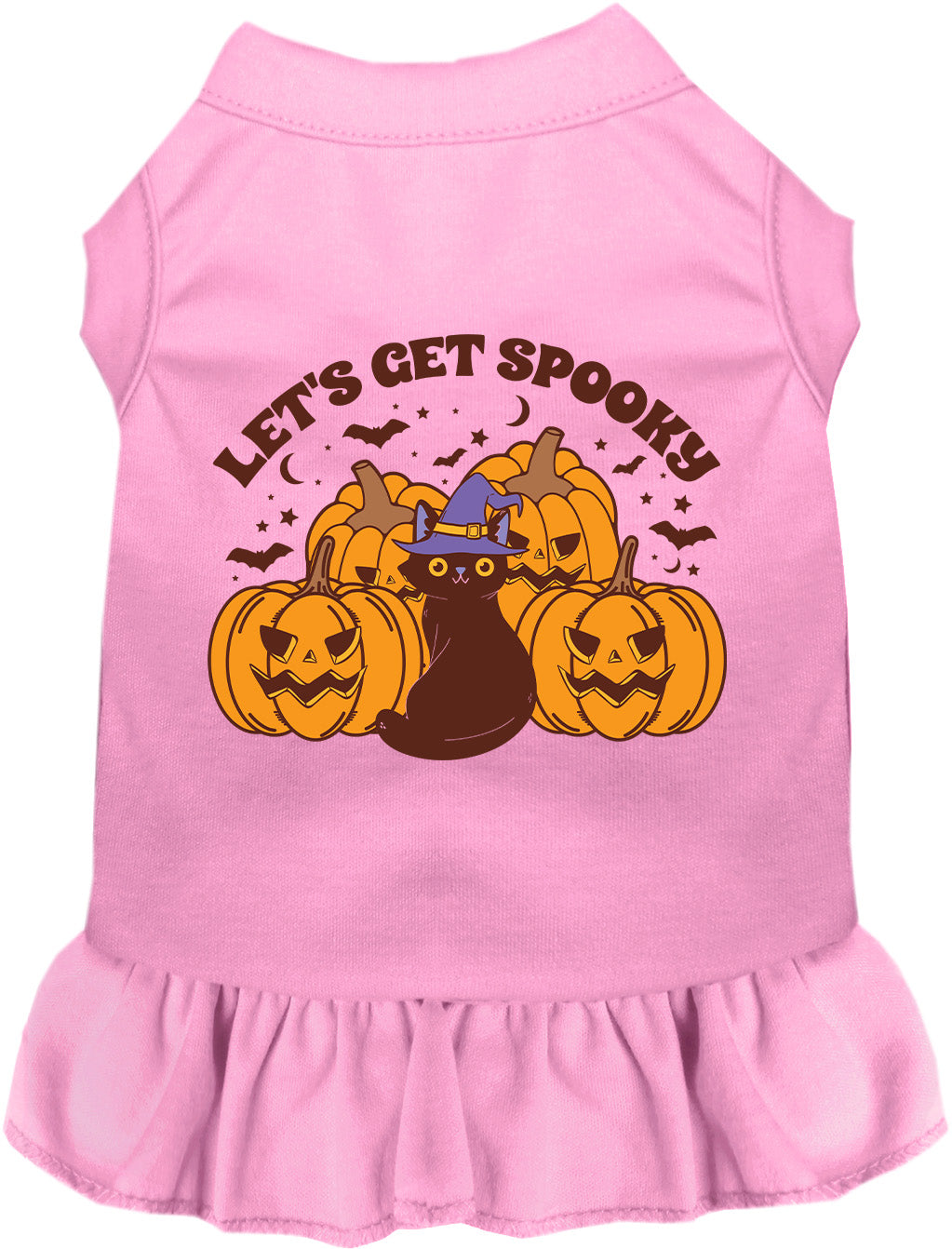 Pink spooky pet dress with pumpkins and cat design