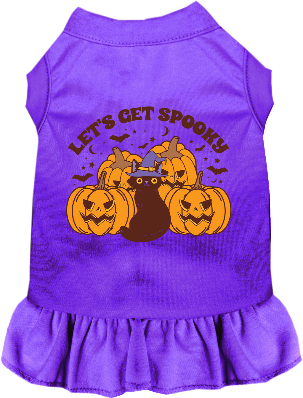 Purple spooky pet dress with pumpkins and cat design