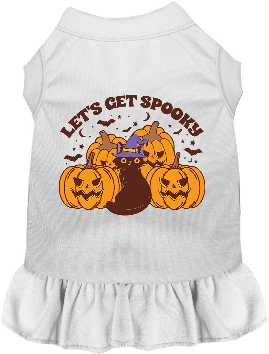 White spooky pet dress with pumpkins and cat design