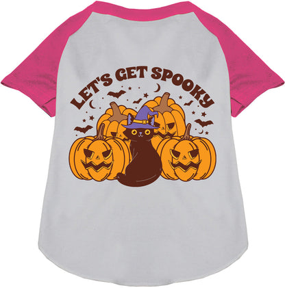 Pink spooky pet raglan shirt with pumpkins and cat