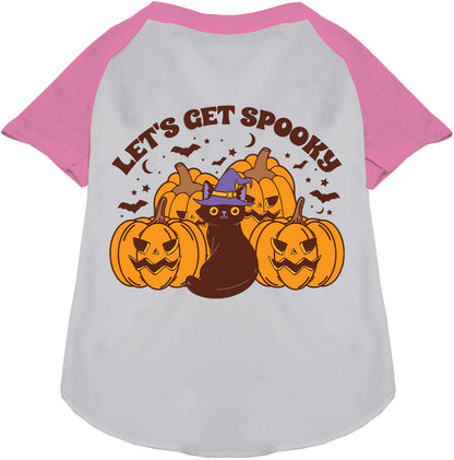 Pink spooky pet raglan shirt with pumpkins and cat