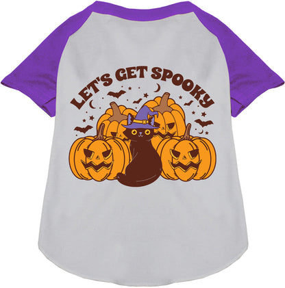 Purple spooky pet raglan shirt with pumpkins and cat