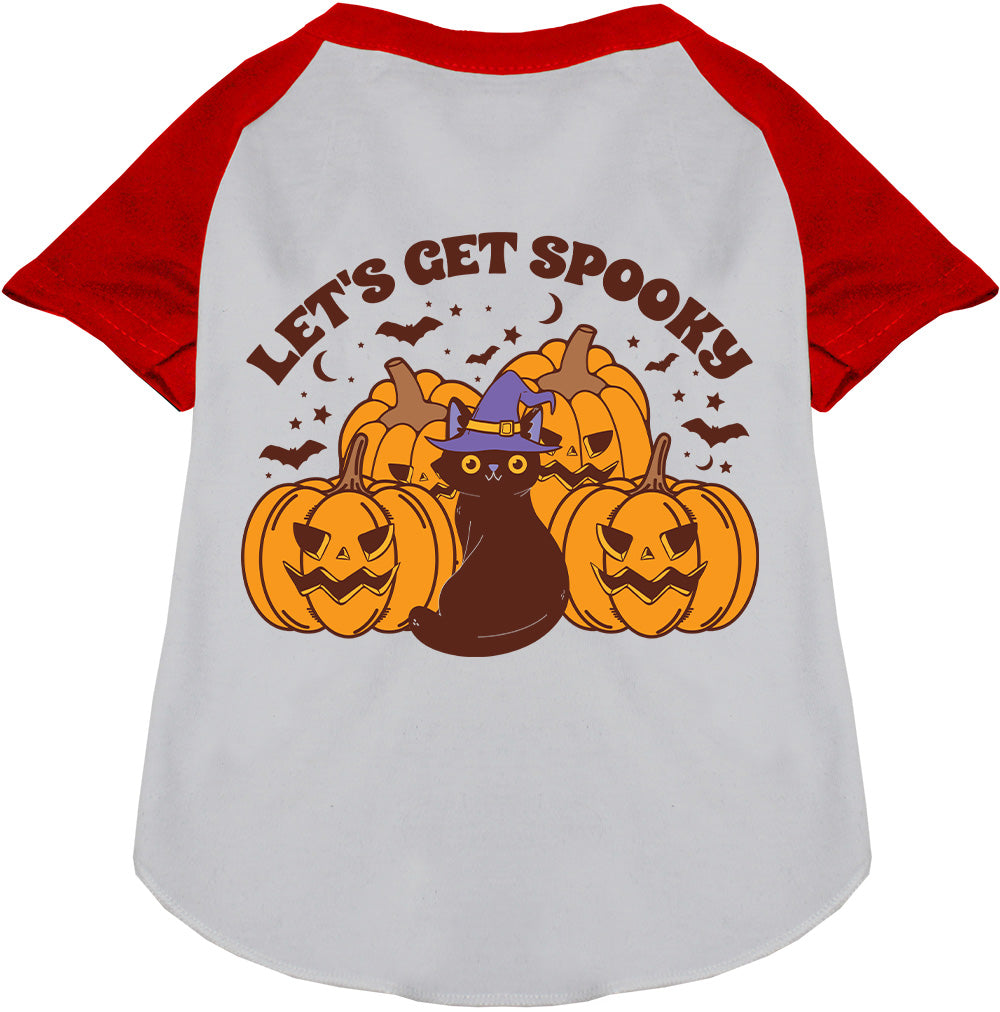 Red spooky pet raglan shirt with pumpkins and cat