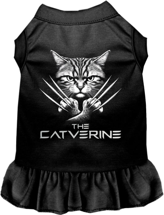 Black Catverine pet dress with fierce cat design