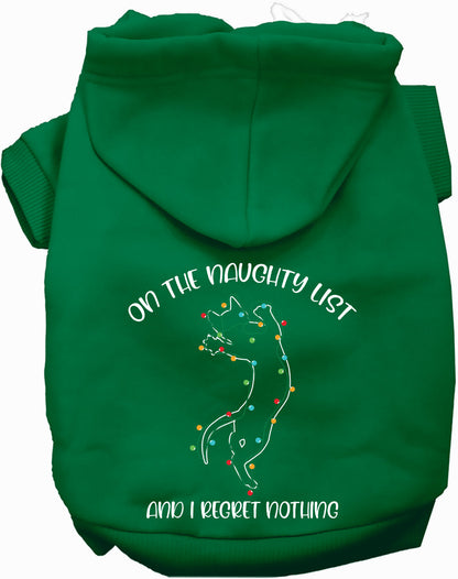 Green pet hoodie with 'On the Naughty List' design