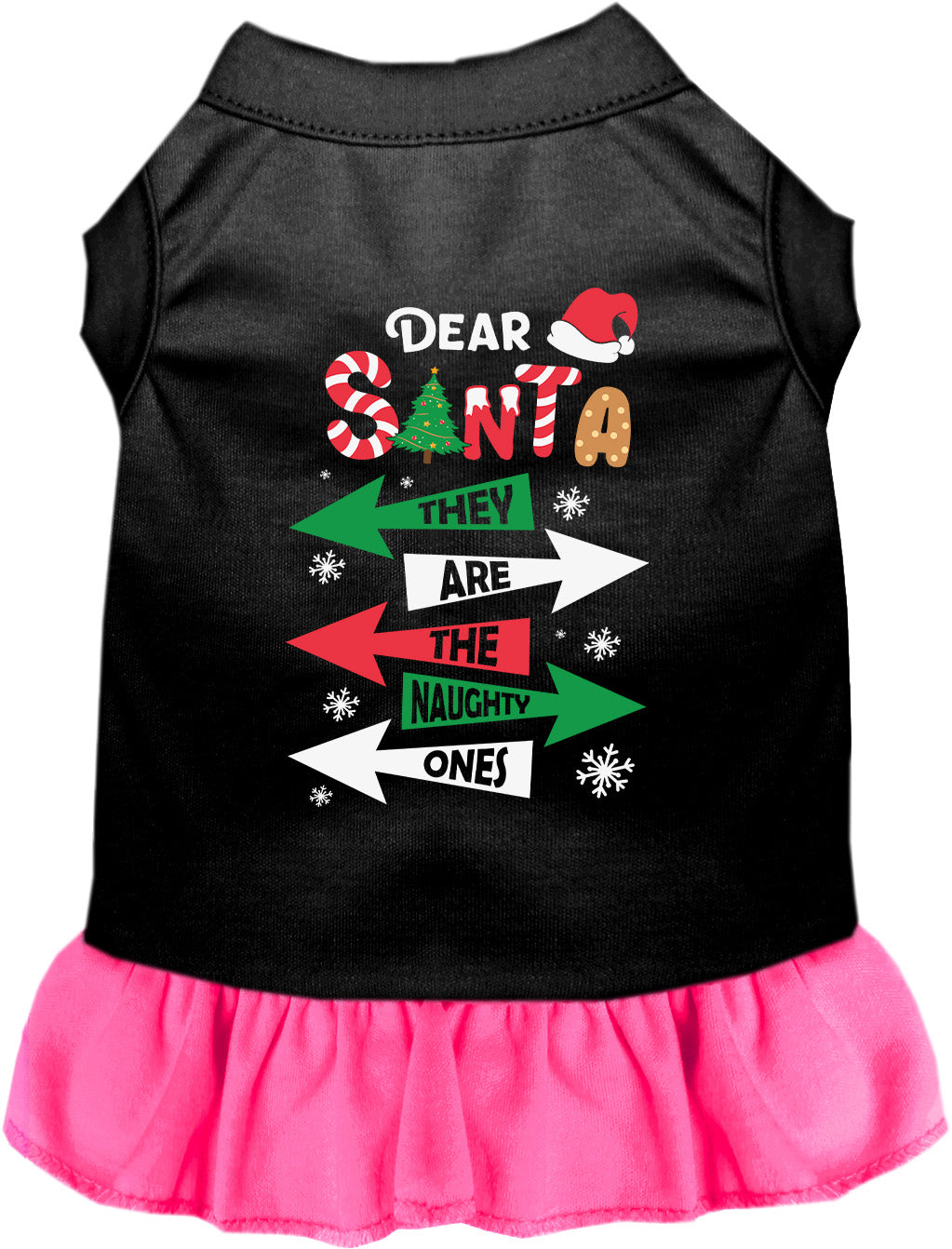 Black pet dress with pink skirt and 'They're the Naughty Ones' design