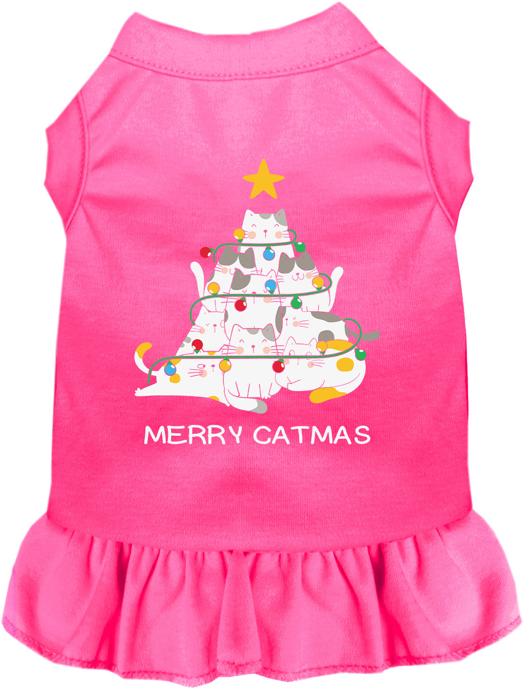 Pink Merry Catmas pet dress with cat tree design