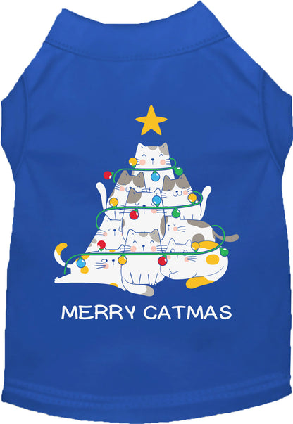Royal blue Merry Catmas pet shirt with cat tree design