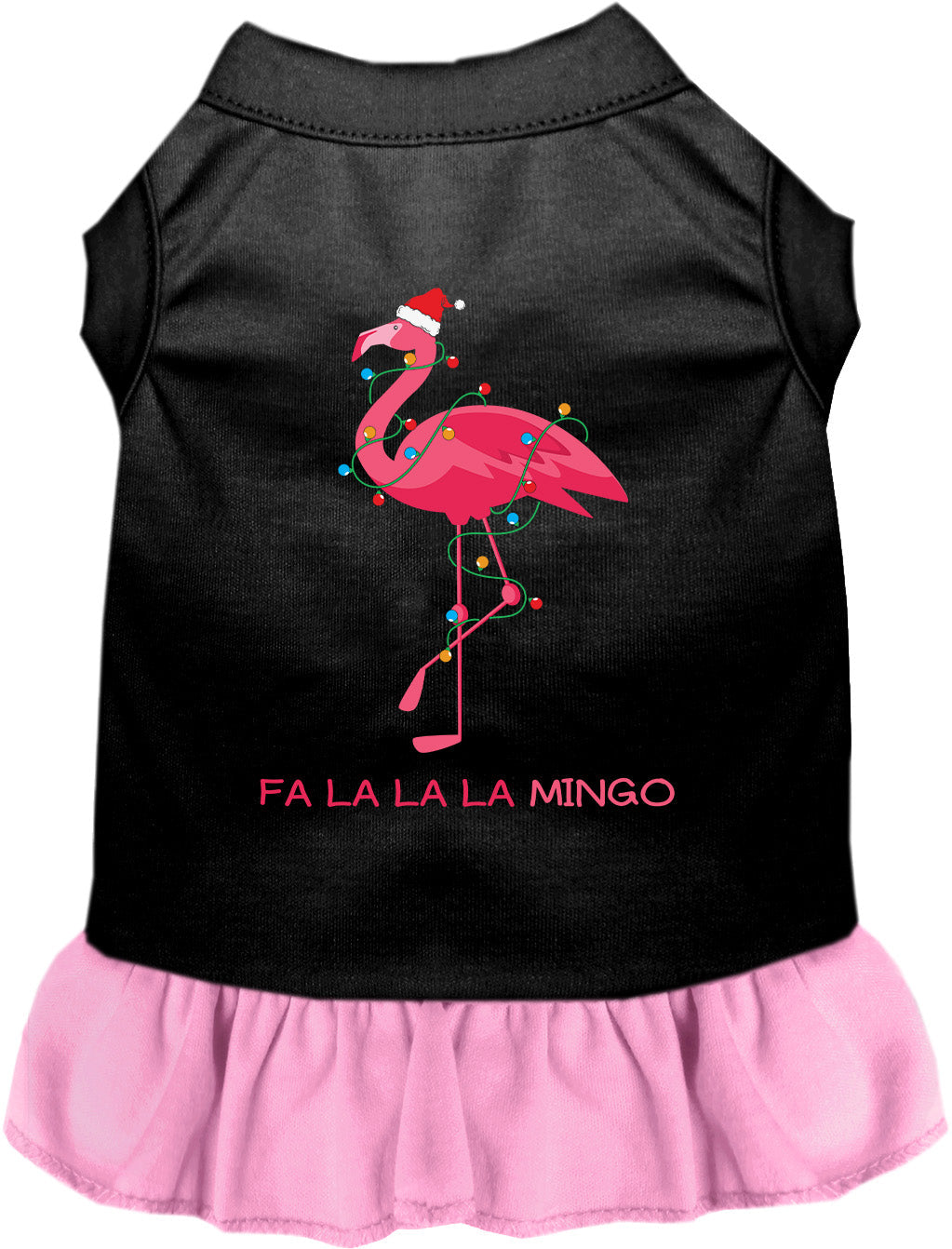 Black pet dress with light pink skirt and flamingo design