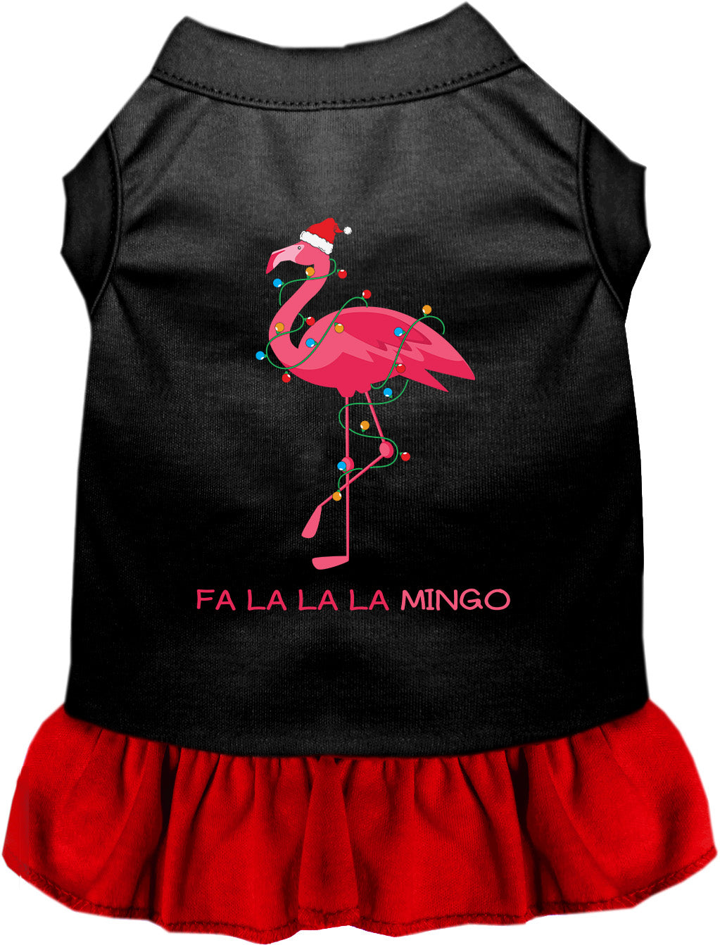Black pet dress with red skirt and flamingo design