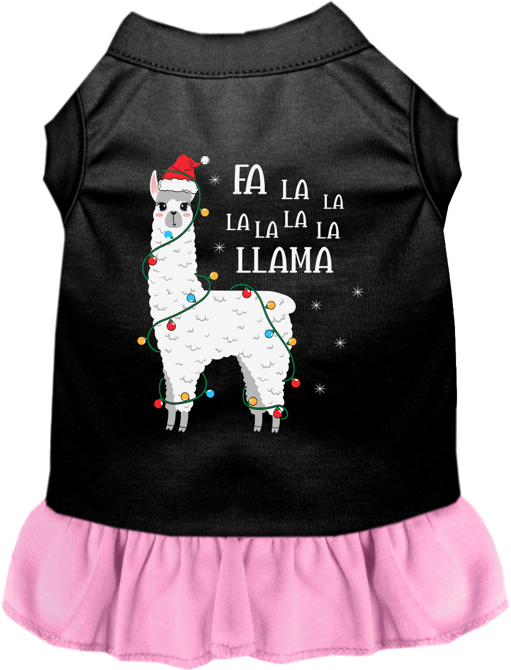 Black and light pink Falalala Llama pet dress with festive design