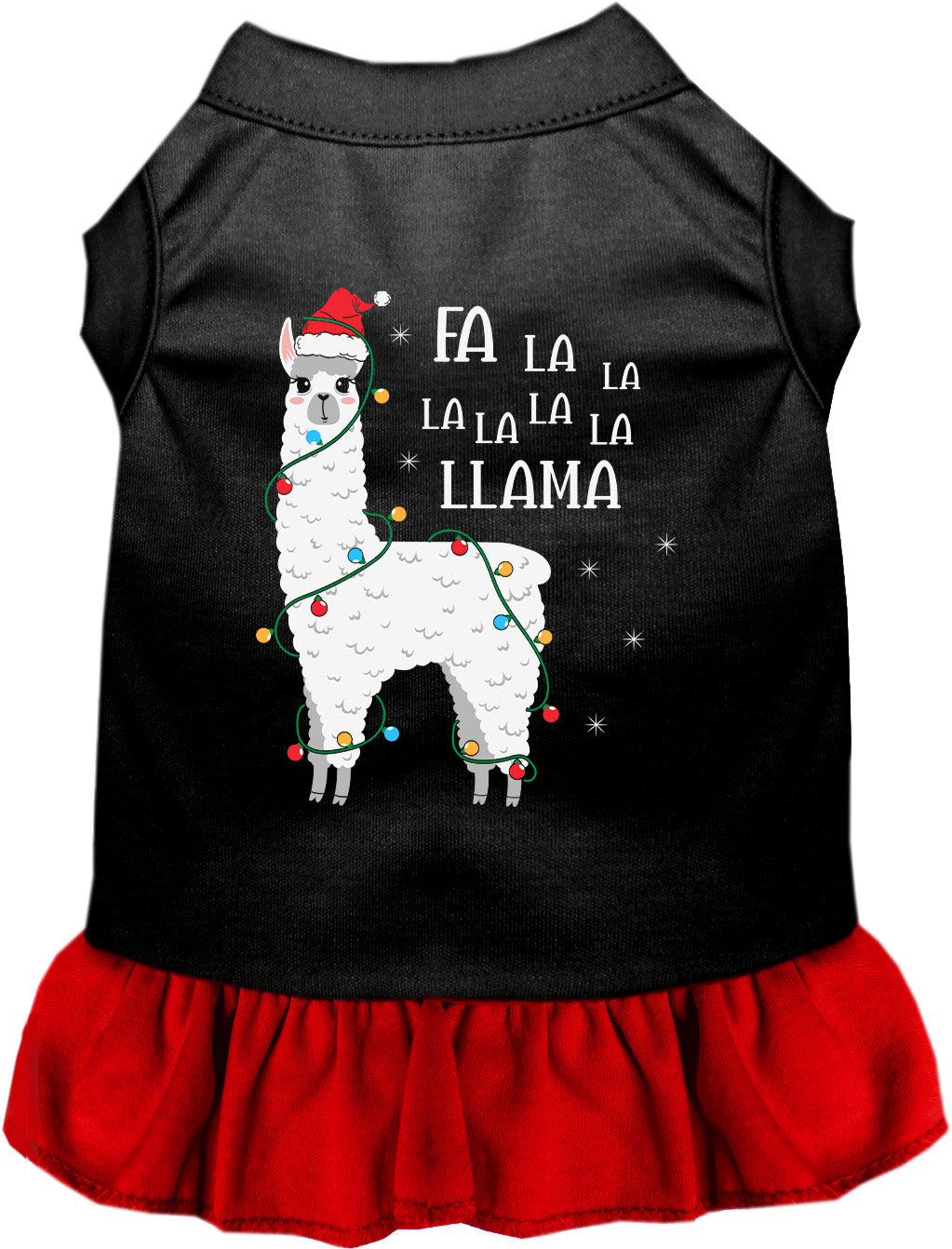 Black and red Falalala Llama pet dress with festive design