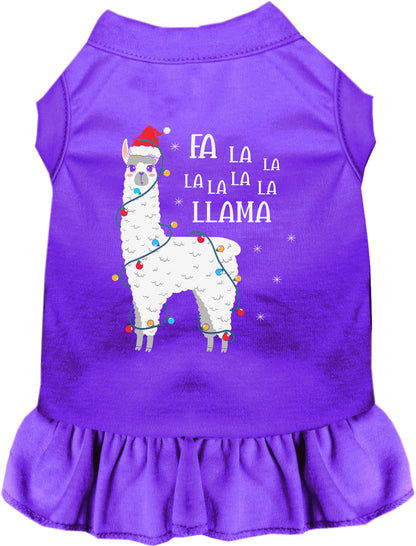 Purple Falalala Llama pet dress with festive design