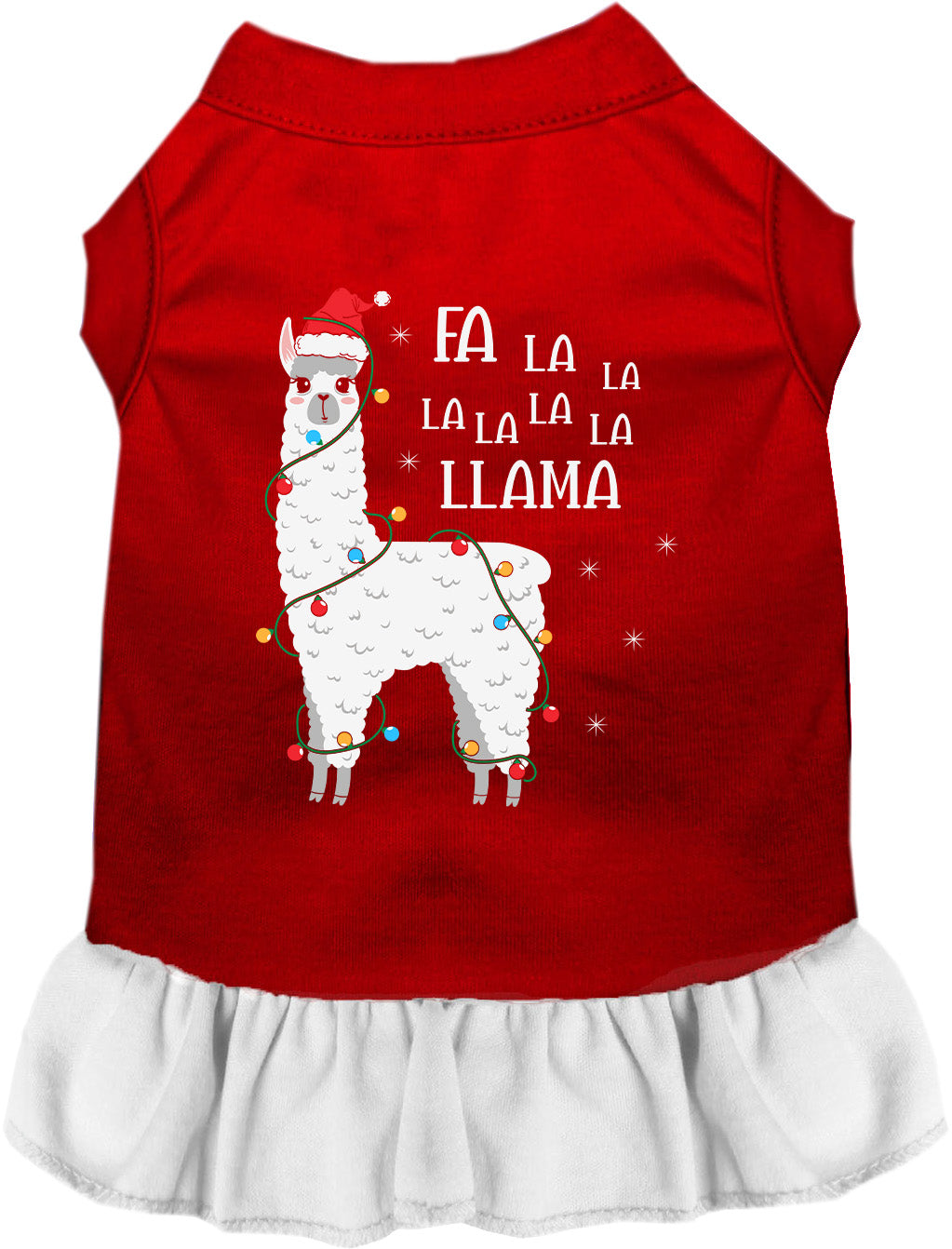 Red and white Falalala Llama pet dress with festive design