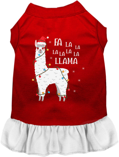 Red and white Falalala Llama pet dress with festive design