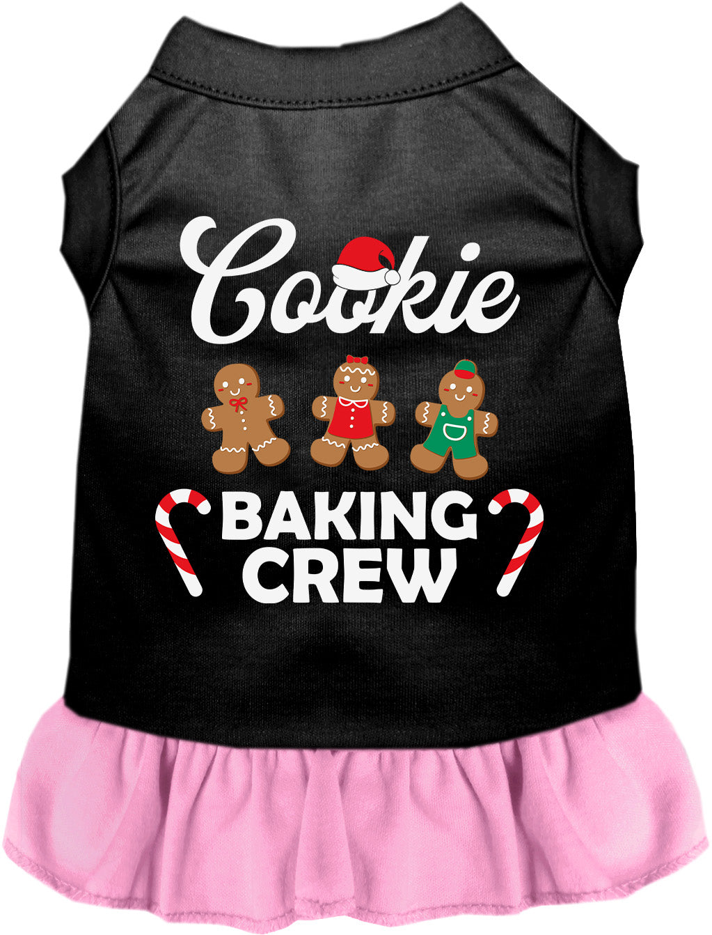 Black pet dress with light pink skirt, Cookie Baking Crew design