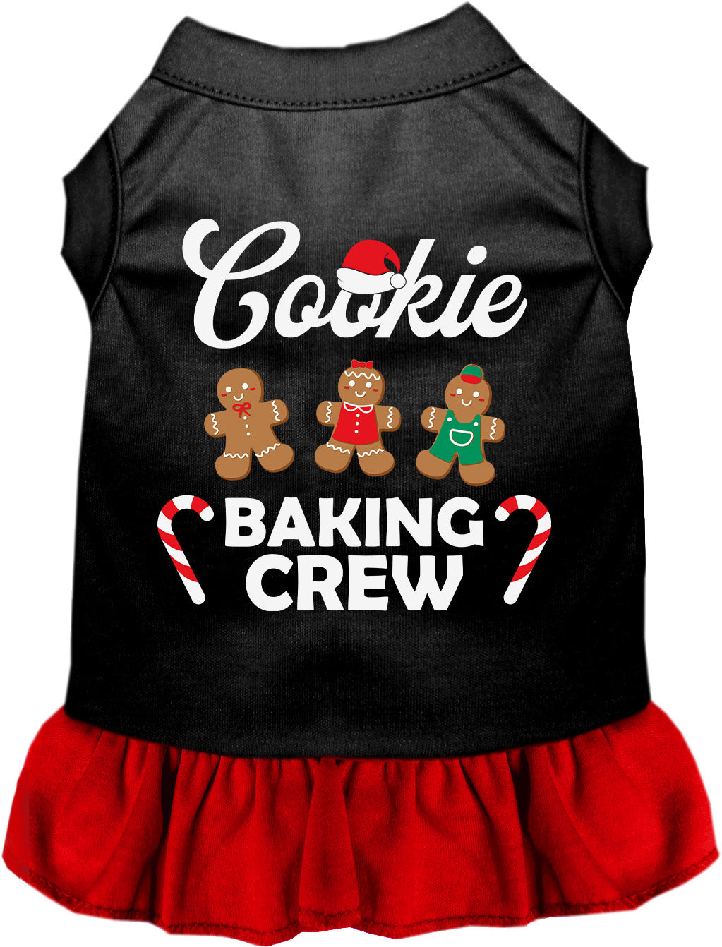 Black pet dress with red skirt, Cookie Baking Crew design