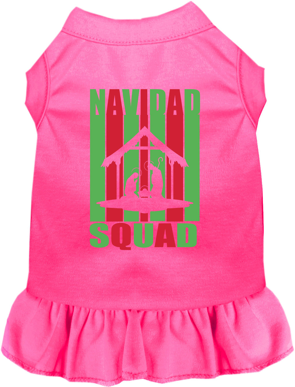 Pink Navidad Squad pet dress with green and red design