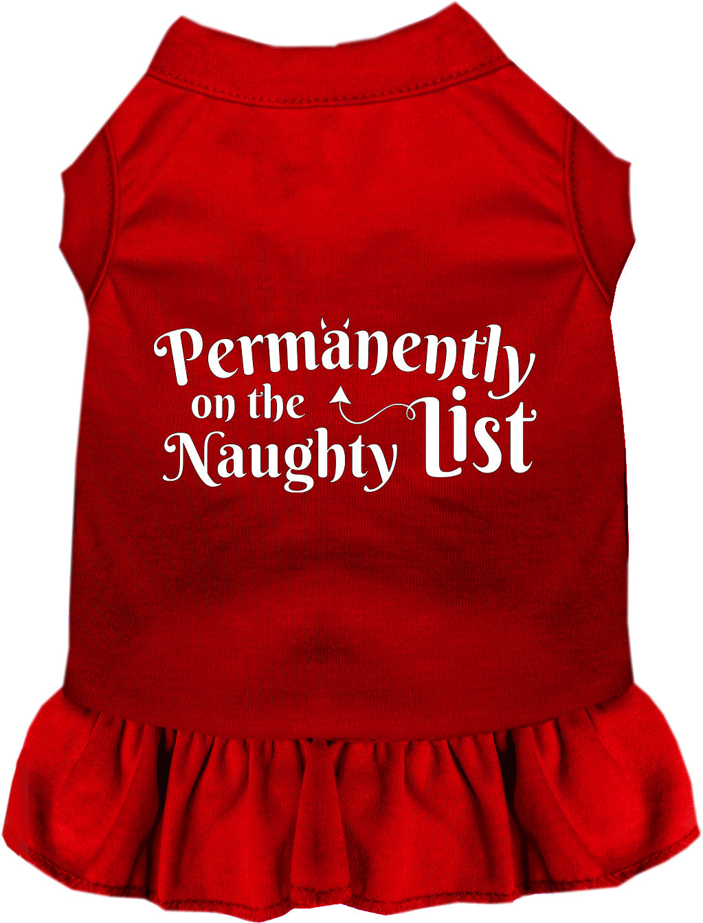 Red pet dress with 'Permanently on the Naughty List' text